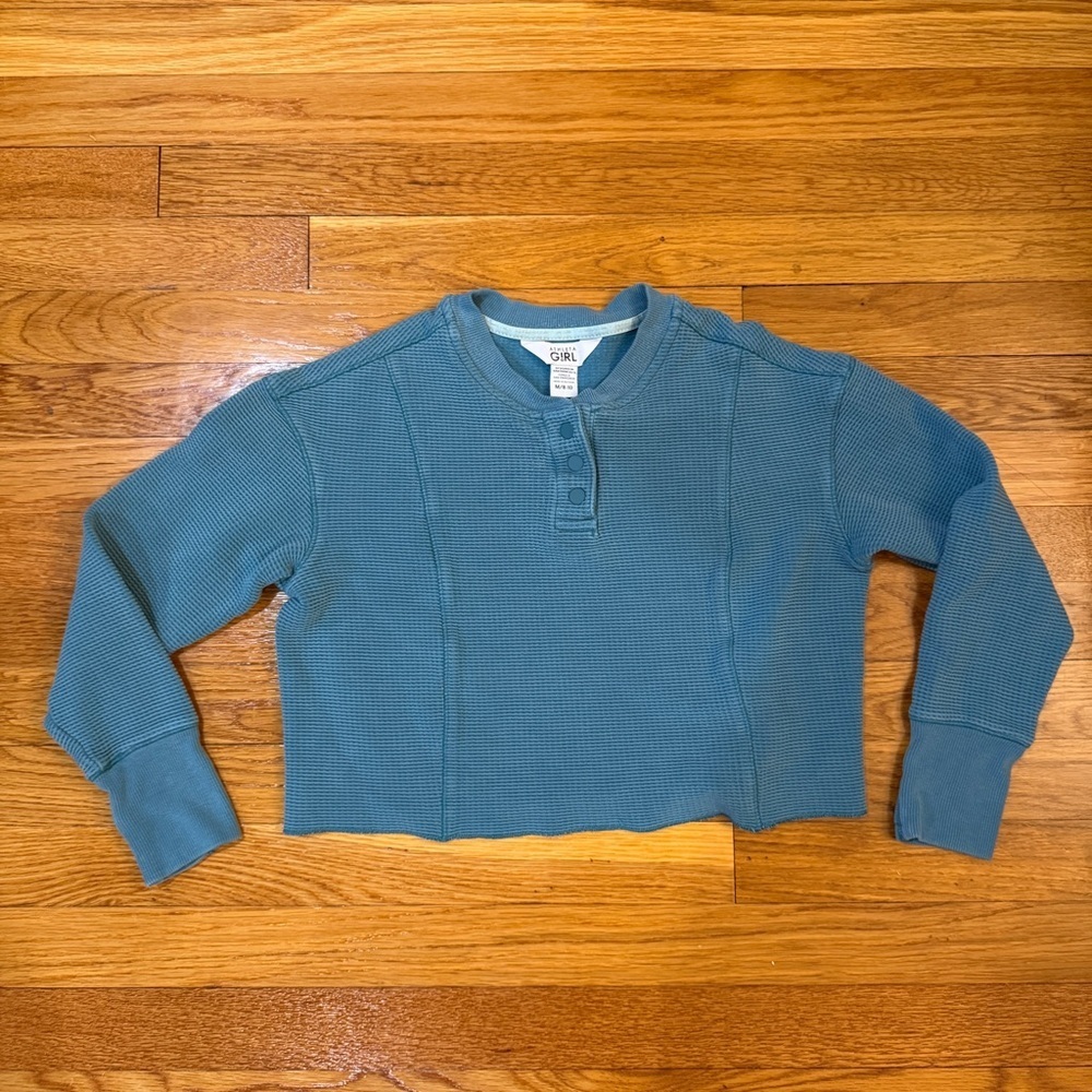 Athleta Girl Settle In Waffle Sweatshirt Blue - Size M/8-10 Cropped Long Sleeve